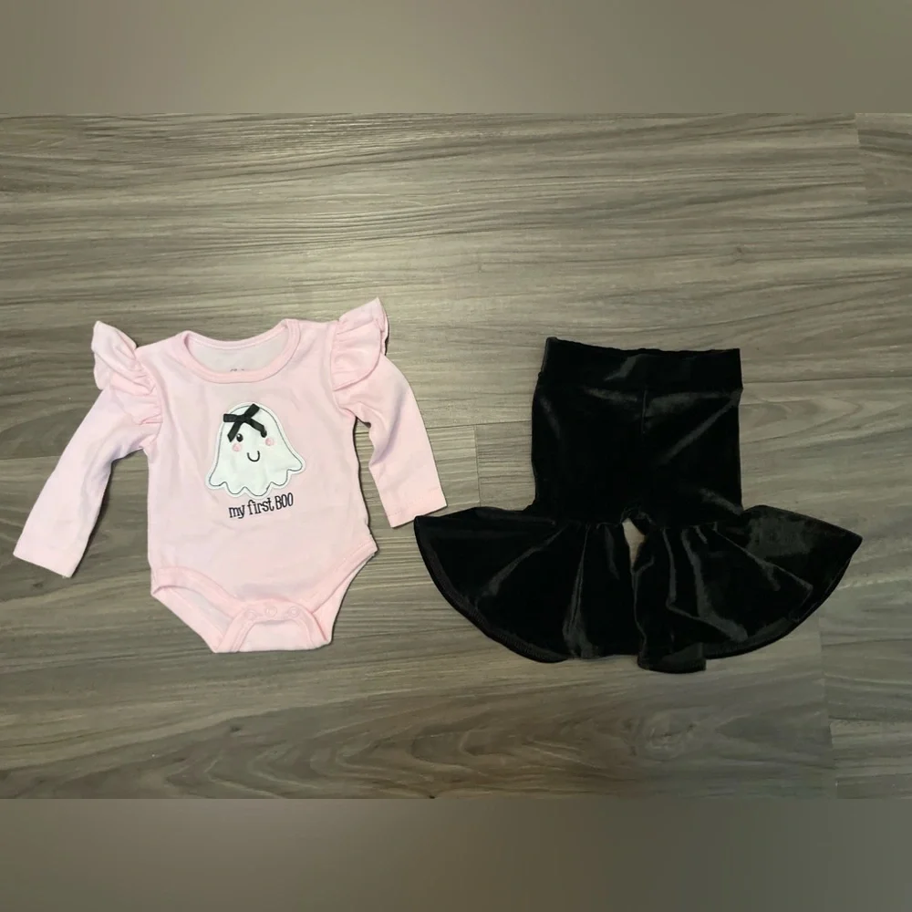 Baby Essentials Pink My first boo onesie and Black bell velour bottoms size 3M